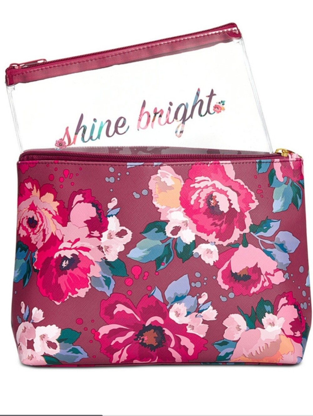 twelveNYC Floral Travel Pouch Set in Wine Red with Pink and Blue Accents